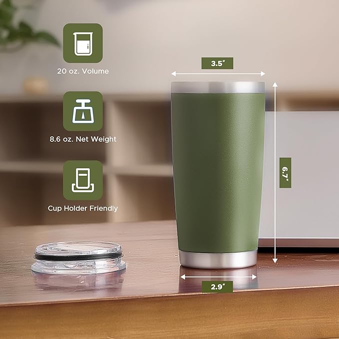 OMTech 20oz Tumblers Bulk, 6pc Stainless Steel Tumbler Set with Lid & Straw, Double Wall Vacuum Insulated Mug for Laser Engraver, Travel Coffee Mug for Hot & Cold Drinks, Army Green Powder Coated Cup