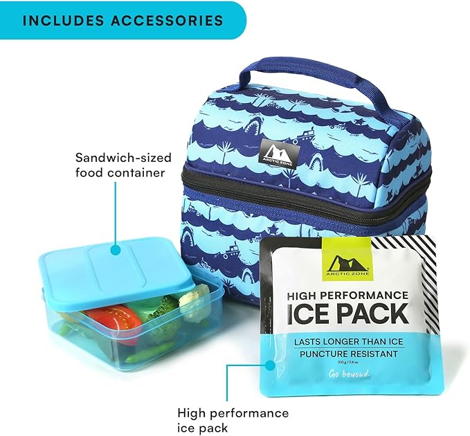 Arctic Zone Kids Lunch Bucket Combo with 210g Ice Pack and Sandwich Container, Deep Shark