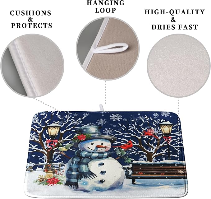 Winter Snowman Dish Drying Mat for Kitchen Counter 16x18, Xmas Snowflakes Dish Drainer Mat Snowy Night Drying Kitchen Mats Cardinal Birld Dish Pad Absorbent Reversible Coffee Mats for Dishes