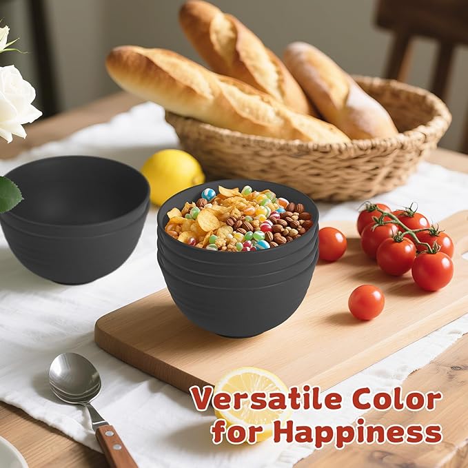 Wrova Handy Wheat Straw Bowls Set of 6,Unbreakable Ice-Cream Bowls Sets for Kids,10oz Small Dessert Bowls for Kitchen,Camping and RV.Black Series