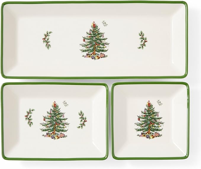 Spode Christmas Tree 3-Piece Dessert Trays, Serveware - Holiday Dinnerware & Decorative Tray, Holiday Winter Serving for All Parties & Occasions - for Snacks, Appetizers, Cookies