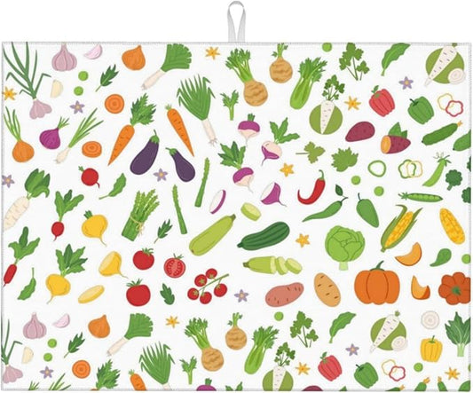 Vegetable Theme Kitchen Dish Drying Mat for Counter, Dish Draining Mat Microfiber Absorbent Reusable Washable Extra Large 18"x24" (vegetable, 18"x24")