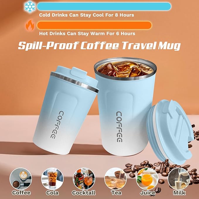 Travel coffee mugs leak-proof, reusable coffee cups with lids, stainless steel vacuum thermos coffee tumblers,thermal insulation cups for men and women hot & cold drinks (2nd-Blue White, 12OZ)