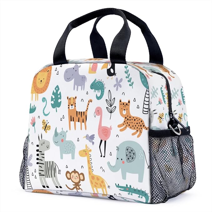 Animal Giraffe Elephant Lion Lunch Bag for Women Men Cute Large Capacity Thermal Lunch Tote Reusable Washable with Adjustable Shoulder Strap and Dual Large Mesh Side Pockets