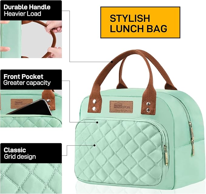 Buringer HOMESPON Lunch Bag for Woman Man Adults with Front Pocket Insulated Lunch Tote Lunch Box Container for Work Picnic or Travel（Green）