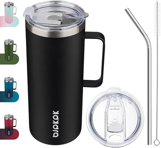 BJPKPK Insulated Coffee Mug with 2 Lids, 32oz Stainless Steel Insulated Tumbler with Handle, Double Wall Vacuum Coffee Cups, BPA Free Travel Mug for Coffee, Tea and Drinks, Black