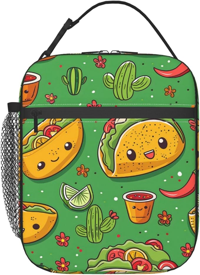 Reusable Taco and Cactus Lunch Box for Kids Girls Boys Women Adult, Insulated Mexican Food Lunch Bag,Polyester Cooler Handbags Case for School Picnic Work Travel Beach or Hiking (Green)