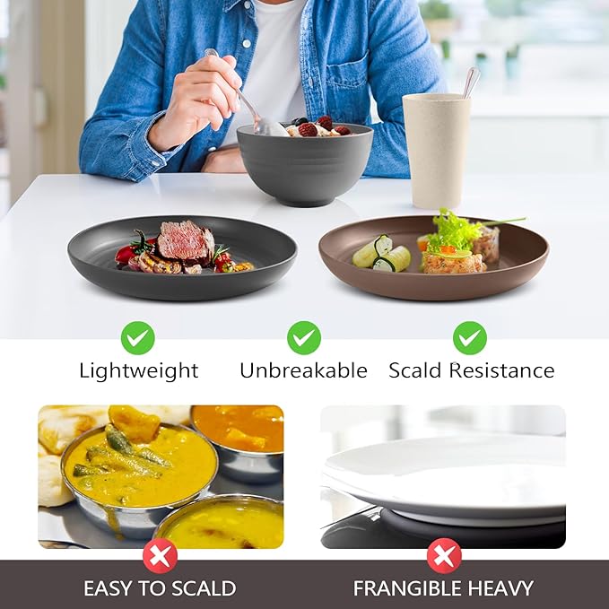 Teivio 32-Piece Kitchen Plastic Wheat Straw Dinnerware Set,Service for 8,Unbreakable Dinner Plates, Bowls,Cups,Farmhouse Outdoor Camping Dishes for Rustic Life/Country/Vintage Colorful,Aesthetic