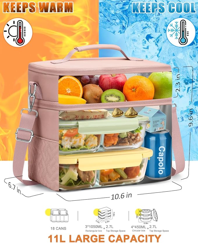 Capolo Lunch Box for Women Men Adults,Double Deck Insulated Lunch Bag Leakproof Lunch Cooler Box with Removable Strap Lunch Tote Bags Reusable Thermal Lunchbox for School Work Picnic(Large,Pink)
