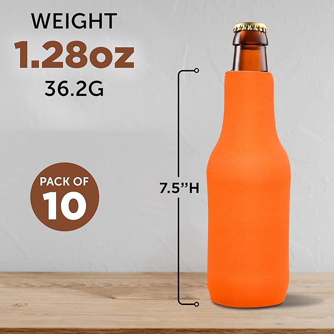 10 Neoprene Zippered Beer Bottle Coolies Pack - Sharkskin Rubber Bottom - Neon Orange
