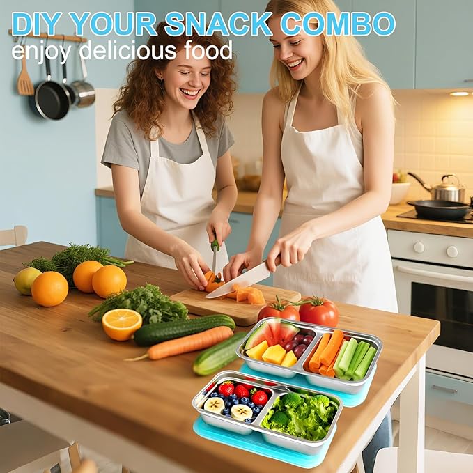 Zkptops 4Pcs Grab and Go Snack Containers Stainless Steel Reusable Snack Condiment Box with Lids Double Compartment Food Storage Container Dishwasher Divided Lunch Meal Container for School Travel