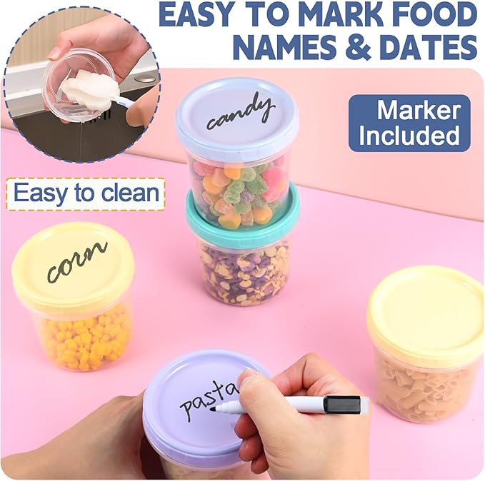 24pcs 16 oz Plastic Deli Containers with Screw Lids, Small Freezer Container Reusable 2 Cup Food Storage Container with Pen & Brush for Snack Salad Fruit, Microwave & Dishwasher Safe BPA Free