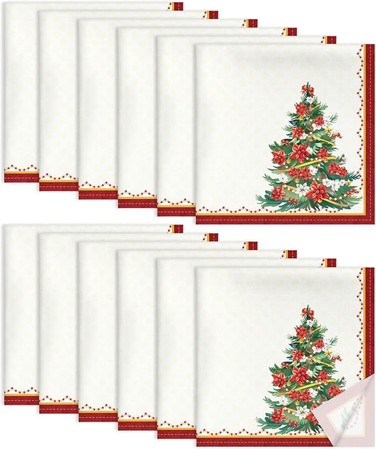 Christmas Tree Flower Napkins, 18×18 Inch Dinner Cloth Napkins Set of 12, Washable Cotton Soft Absorbent Square Table Top Decoration for Dining Kitchen Party Wedding