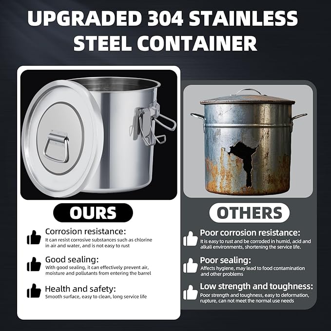 12L/3.2 Gal 304 Stainless Steel Food Containers 404 Oz Stainless Container with Lid and Lock Airtight Canister for Storage 304 Stainless Steel Food Storage Containers Stainless Bucket