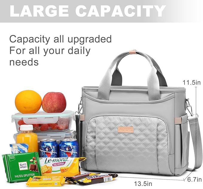 AIJIEKE Insulated Lunch Bag for Men Women, Lunch Box, Lunch Tote for Work, Large Leak Proof Cooler Bag with Removable Strap, Reusable Adult Lunchbag, Picnic, Office, Beach, Grey