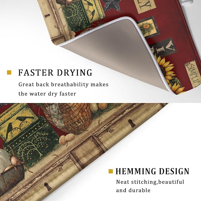 Rooster Dish Drying Mat 18x24 Inch with Hanging Loop,Vintage Country Style Farmhouse Chickens Absorbent Microfiber Non-Slip Counter Rack Sink Drainer Pad for Kitchen Countertop Table Decor