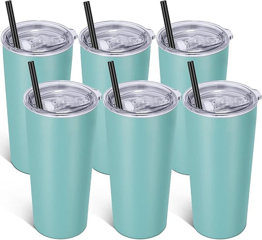 VEGOND 20oz Tumbler Bulk with Lid and Straw 6 Pack, Stainless Steel Vacuum Insulated Tumbler, Double Wall Coffee Cup Travel Mug, River Green