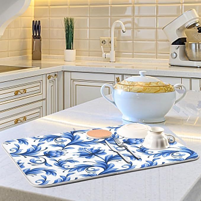 Tarity Blue Flowers White Dish Drying Mat for Kitchen Counter Absorbent Heat Resistant Microfiber Dishes Drainer Mat 18x24 in Large Dish Pad Sink Mat Protective Pad Kitchen Decor