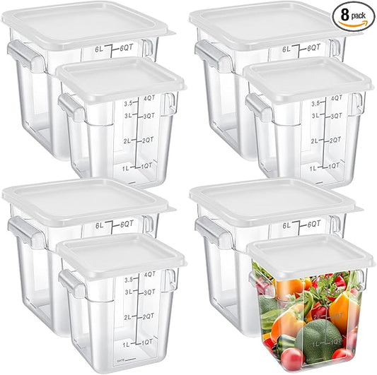 Suclain 8 Pack 4 QT and 6 QT Food Storage Containers with Lids Scales Handles Square Clear Restaurant Food Storage Containers Polycarbonate Commercial Grade for Kitchen Marinating Meat Dough(White)