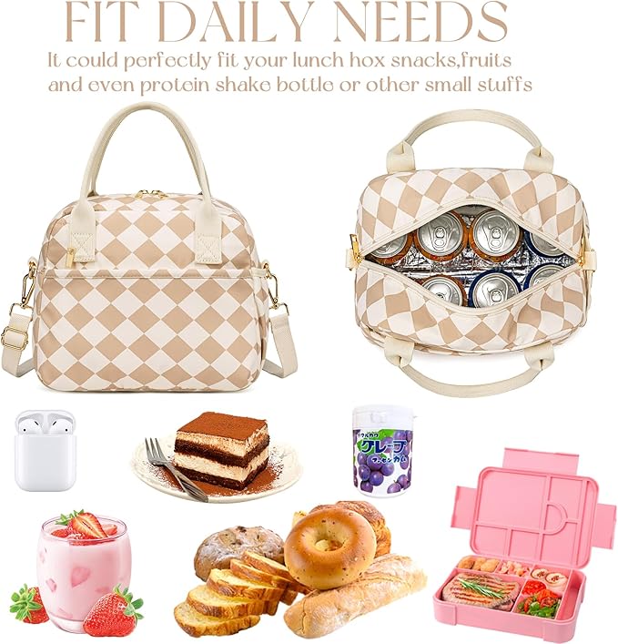 CAMTOP Lunch Box for Women Insulated Lunch Bag Lunchbox Cooler Thermal Leakproof Quilted Reusable Lunch Tote Bag for Work School Travel Picnic (Brown-White Check)