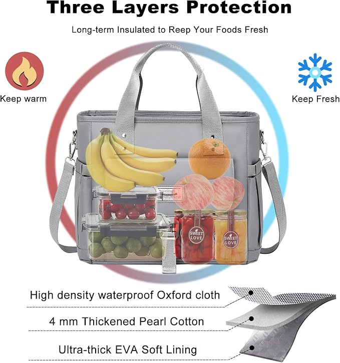 Weitars Lunch Bag for Men Women,Leak Proof Lunch Box for Work,Large Lunch Tote Bag with Removable Shoulder Strap,Insulated Lunch Bag for Picnic Hiking