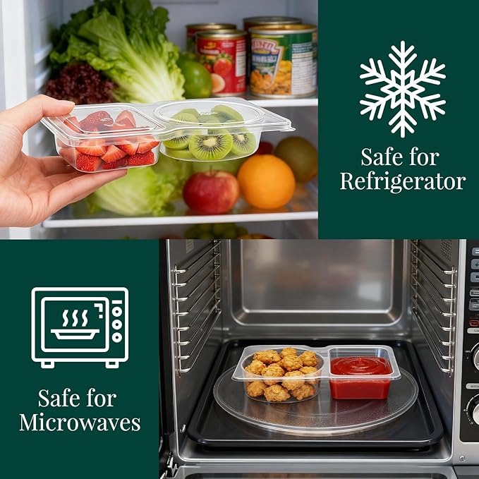 QCQHDU Snack Containers with Lids, 4.4 oz Small Plastic Snack Boxes 2 Compartments for Portion Control and Meal Prep Lunch Food Sauce Containers for On-the-Go Meal, Camping, Travel, Office, 50 Sets