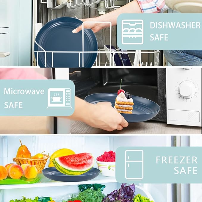 Supernal 16pcs Dark Blue Wheat Straw Plates,Deep Dinner Plates Set,Premium Reusable Plastic Plates,Unbreakable Party Plates,Dishwasher & Microwave Safe for Camping, Picnic