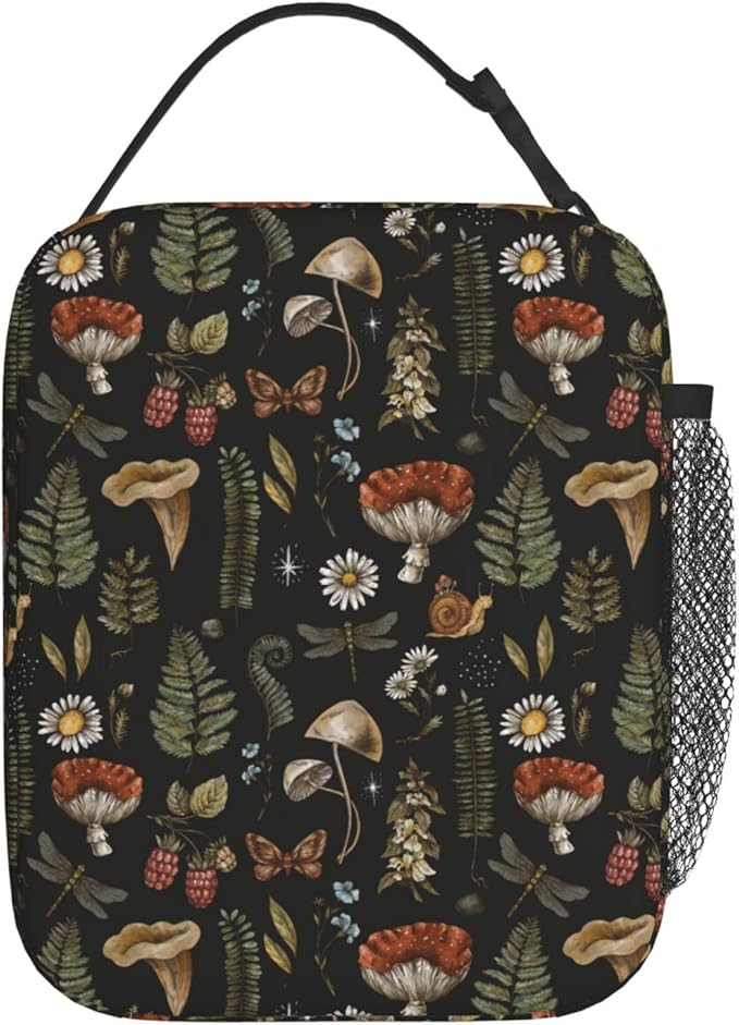 SUPLUCHOM Lunch Box Vintage Mushroom Leaf Forest Insulated Bag Reusable with Side Pocket for Work School Picnic Hiking Daytrip Kid Over 3 Years Old