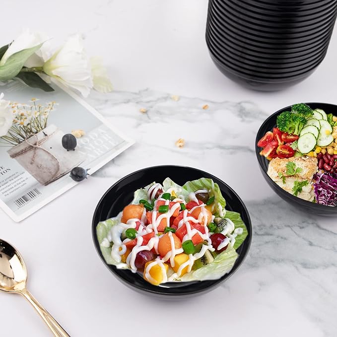 bUCLA 50Pack Black Plastic Bowls - 10oz Disposable Black Plastic Salsa/Serving Bowls - Ideal for Party & Halloween