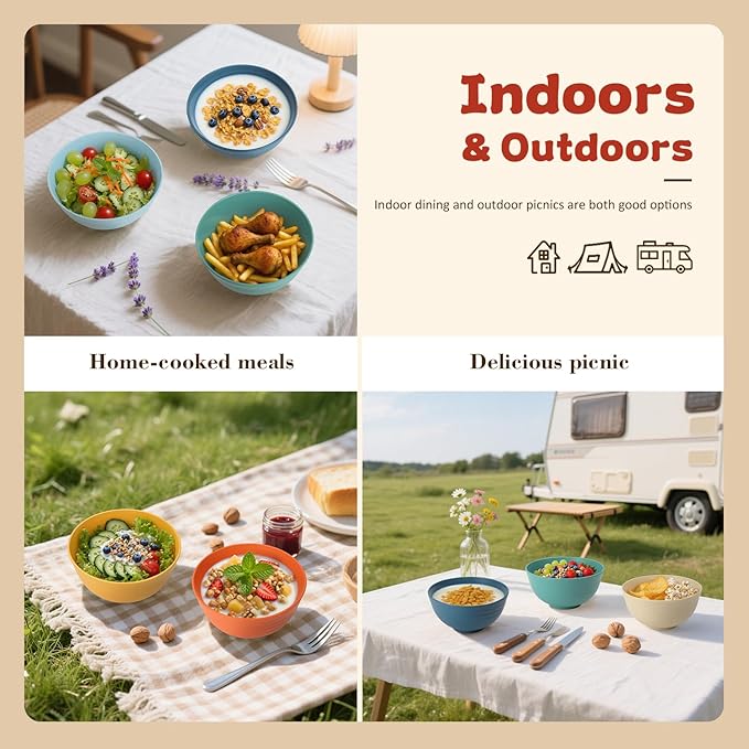 Wrova Wheat Straw Camping Bowls Sets of 6,Unbreakable 26oz Lightweight Bowls Sets for Outdoors Activity,Breakfast Bowls for Cereal and Salad.Vibrant Series