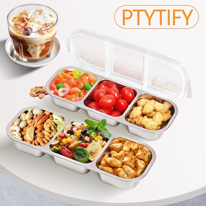 Stainless Steel Snack Containers with Lids, 2 Pack Grab and Go Metal Snack Containers, 3 Compartment Reusable Stainless Steel Snack Box for Food Lunch Meal Prep (3+2 Compartment 2 PCS)