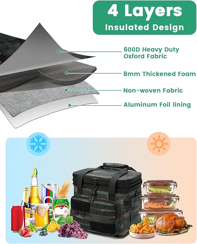 RalChyez Tactical Lunch Bag, 20L Large Heavy Duty Double Deck Insulated Lunch Box Leakproof Expandable Tote Cooler with Shoulder Strap for Adult Men Women Work Fishing Picnic Travel Acu Camo