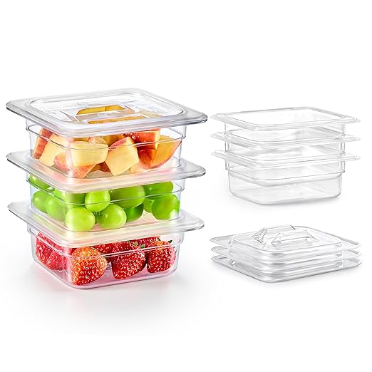 Wilprep 6 Pack Plastic Food Pans with Lids, 1/6 Size 2.5 in Deep Clear Food Storage Containers, 1.1 qt Stackable Polycarbonate Commercial Hotel Pans for Fruits Vegetables Beans Corns, NSF Listed