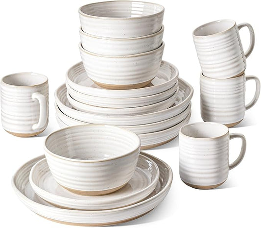 LE TAUCI Dinnerware Sets 16 PCS, Stoneware Plates and Bowls Set, House Warming Wedding Present, Serve for 4 (10" Dinner Plates + 8" Salad Dish + 28 oz Cereal Bowl+12oz coffee mugs) x 4, Arctic White