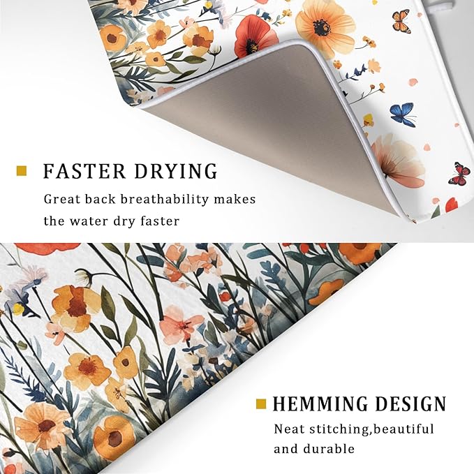 Poppy Flower Dish Drying Mat 18x24 Inch Floral Leaves Dish Drainer Protector Pad Washable Reversible Drying Pad for Kitchen Counter Sink