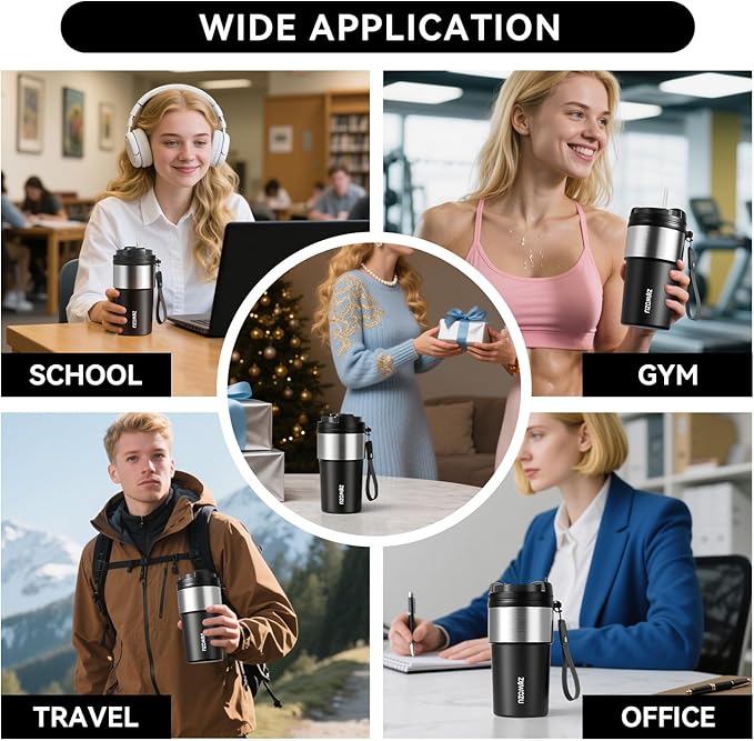 Insulated Travel Coffee Tumbler Mug - Ceramic Inner Wall Reusable Iced Coffee Cups Bottle with Lids, Stainless Steel Insulated Cold Brew Water Tumbler with Straw, BPA Free 16 Oz Water Bottle