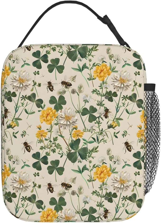 Cheerful Blossoms and Bees Lunch Box for Women Men, Insulated Lunch Box, Reusable Lunch Bag for Office, Work, Picnic, Travel