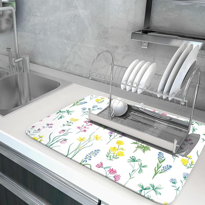Spring Drying Mats for Kitchen Counter 18×24 Inch Watercolor Flower Large Microfiber Drying Mat Kitchen Accessories Dish Rack Mat Drainer Pad Washable Absorbent