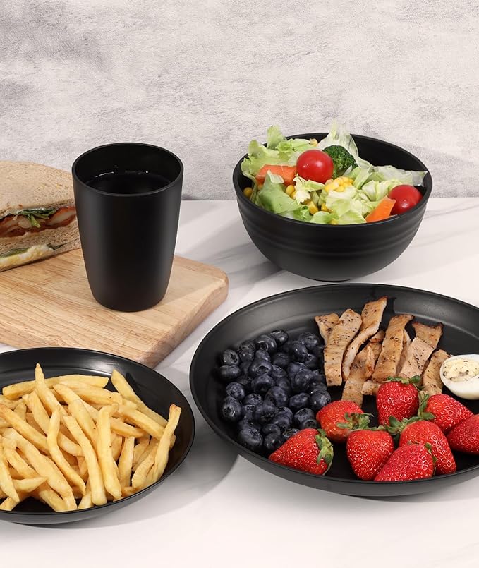 Quatish 32 Piece Plates and Bowls Sets for 8, Unbreakable Dinnerware Sets, Plastic Dish Set for Camping, Dishwasher Microwave Safe, Outdoor Kitchen and Apartment Dinning RV Essentials, Black