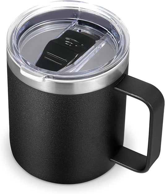 Volhoply 14oz Insulated Stainless Steel Coffee Mug with Leakproof Lid,Double Wall Vacuum Travel Coffee Cup with Handle,Reusable Metal Cups Tumbler,Camping Mugs Keep Hot/Cold,Gifts(Black,1)