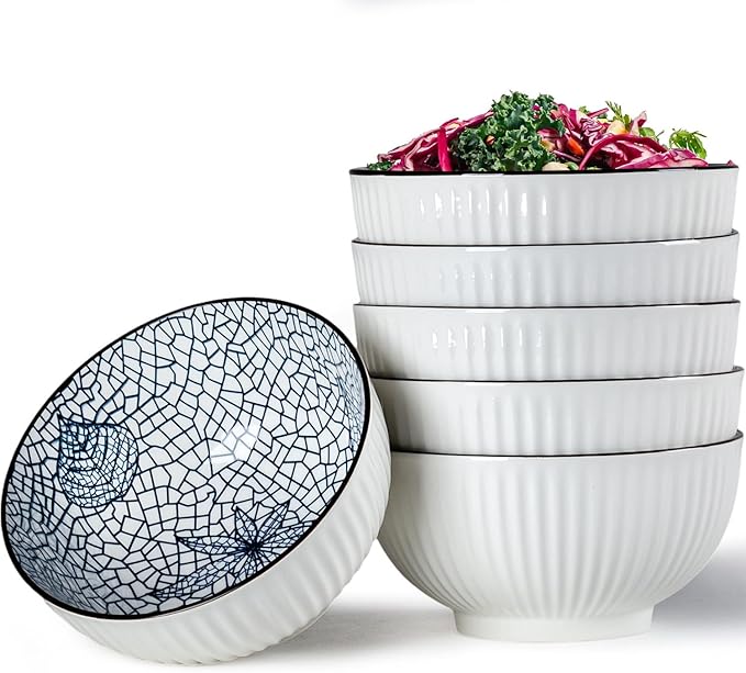 QINLANG 6 Inch Blue and White Porcelain 30 oz Bowls Set of 6 for Soup, Cereal, desserts, ice cream and Rice - Leaf Pattern