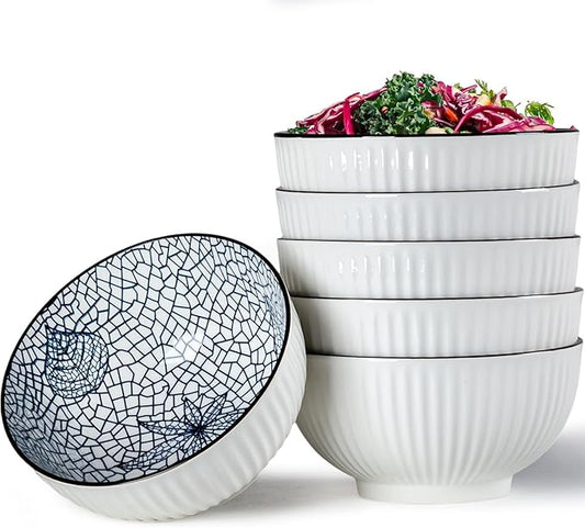 QINLANG 6 Inch Blue and White Porcelain 30 oz Bowls Set of 6 for Soup, Cereal, desserts, ice cream and Rice - Leaf Pattern