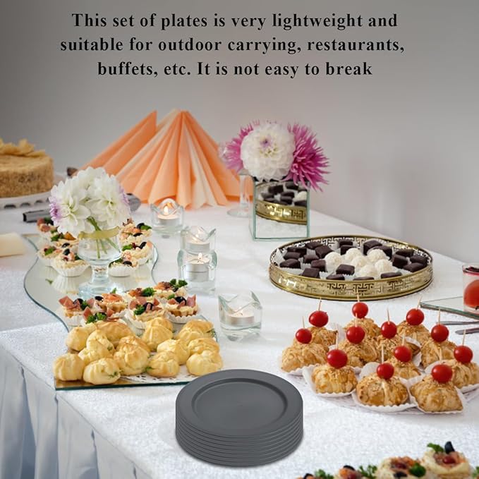 Berglander Plastic Plates Set of 8 Pieces 10", Gray Reusable Flat Dinner Plates, Salad Plates, Pasta Bowls, Dishes Set Easy to Carry for Home, Garden, Picnic, Camping, Outdoor