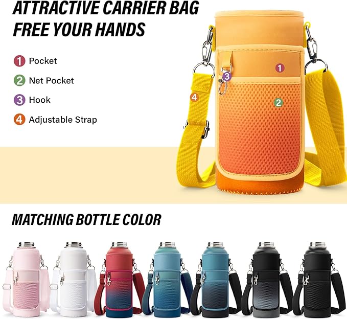 32 oz Insulated Water Bottle | Thickened Stainless Steel Vacuum Metal | Portable Sports Water Jug for Gym and Hiking with Straw, Carrier Bag, Handle Strap | BPA-Free 32 oz