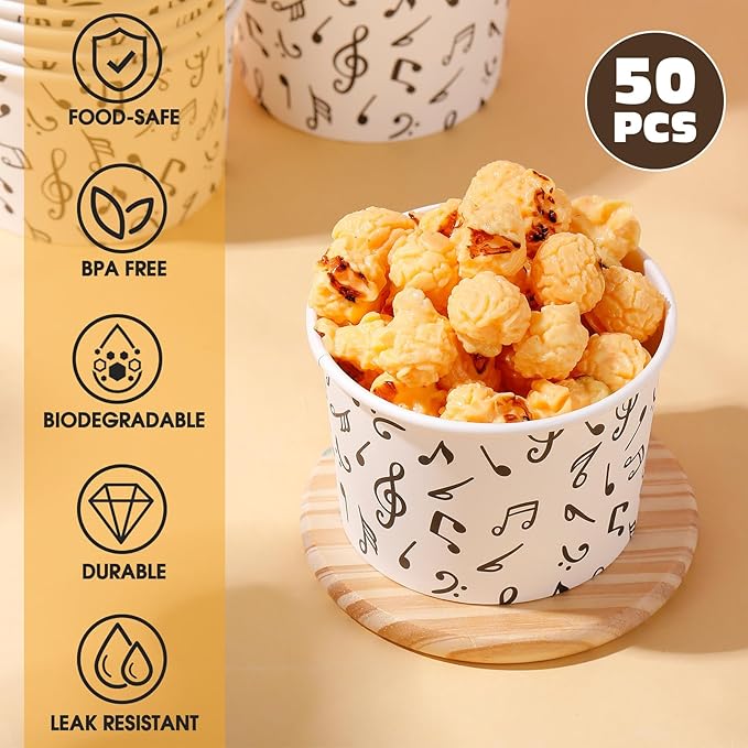50 Pack Music Notes Ice Cream Cups 9 oz Musical Disposable Dessert Bowls Paper Soup Bowls Snack Cups for Hot or Cold Food for Music Birthday Baby Shower Party Decorations Wedding Anniversary