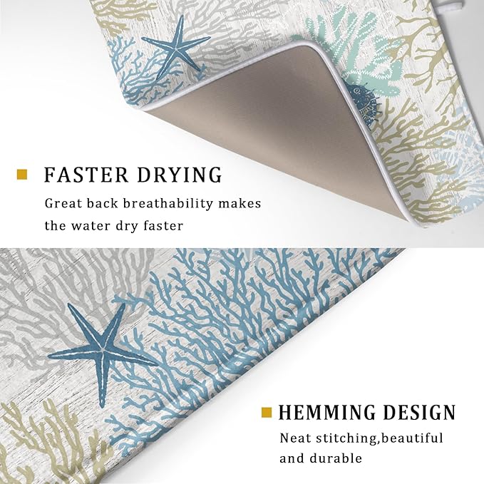 Blue Coral Dish Drying Mat Coastal Starfish Dishes Pad Hanging Drainer Mats Reversible Absorbent Kitchen Counter Protector 18x24 Inch