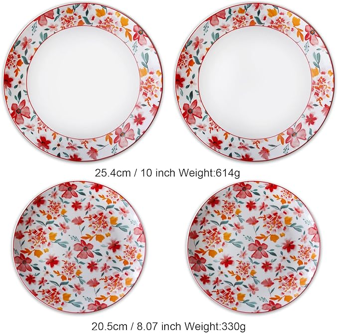 Porcelain Floral Plates 8 Inches &10 Inches Set of 4 Total, Ceramic Dessert Plate, Appetizer Salad Plate Set, Dinnerware Dinner Plates for Kitchen, Cake Snacks