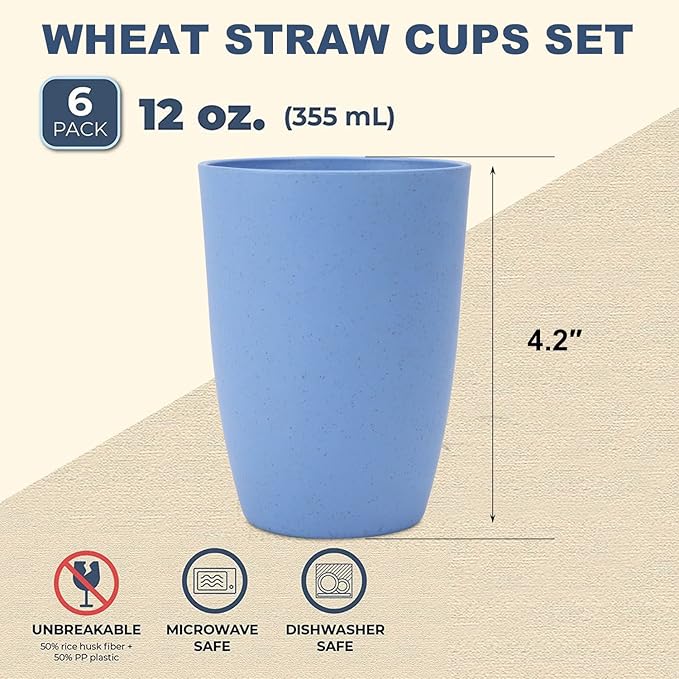 Wheat Straw Cups 6 PCS Good Alternative to Plastic Reusable Cups 12 oz Unbreakable Drinking Cup Reusable Dishwasher Safe Water Plastic Glasses with 6 Colors