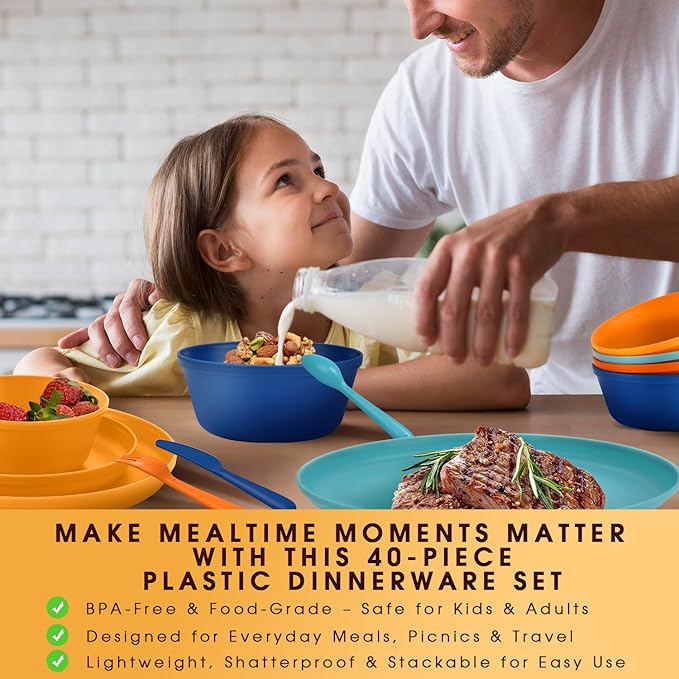 40-Piece Unbreakable Kids Dinnerware Set for Toddlers & Children, BPA-Free & Easy-Clean PP Plates and Bowls, Microwave & Dishwasher Safe, Complete Family Pack (Service for 8)