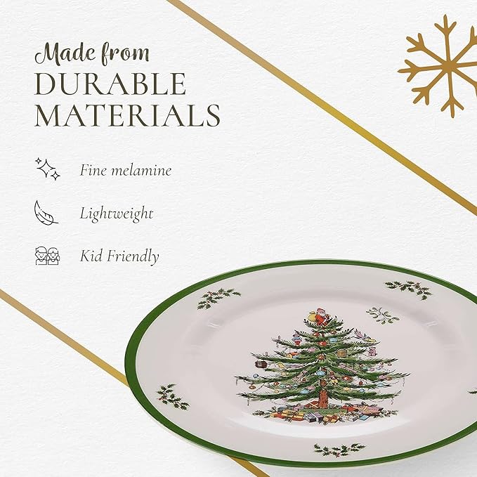 Spode Christmas Tree Melamine Salad Plate (Set of 4) - 8 Inch Shatterproof Serving Plate for Holiday Meals, Holiday Party - Festive Tableware for Indoor & Outdoor Use, Dishwasher Safe Dinnerware